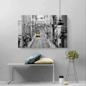 Canvas Wall Art: "Yellow Tram Car in the Streets of Lisbon" (48"x32")