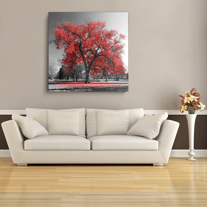 Canvas Wall Art: The Big Red Tree on a Black& White Landscape (32