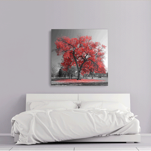 Canvas Wall Art: The Big Red Tree on a Black& White Landscape (32"x32")