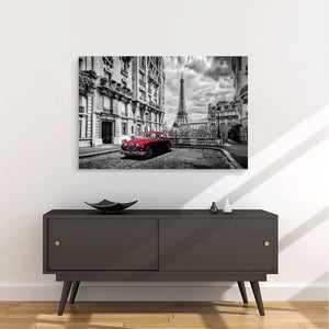 Canvas Wall Art: Paris Eiffel Tower with Vintage Red Car (48"x32")