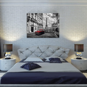 Canvas Wall Art: Paris Eiffel Tower with Vintage Red Car (48"x32")