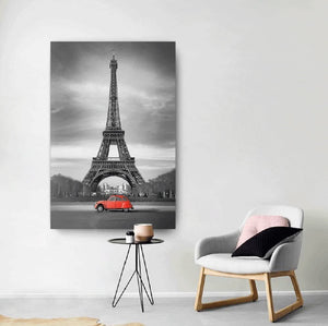 Canvas Wall Art: The Eiffel Tower with a Red Car in Black and White (32"x48")