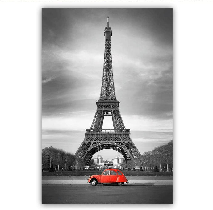 Canvas Wall Art: The Eiffel Tower with a Red Car in Black and White (32