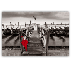 Canvas Wall Art: The Red Umbrella at the Pier in Venice, Italy (48"x32")