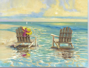 Canvas Wall Art: The Two Chairs Reminiscing by the Ocean Painting (48"x32")