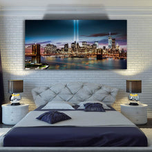 Load image into Gallery viewer, Canvas Wall Art: NYC Freedom Towers at Night with the Famous Brooklyn Bridge (Various Sizes)
