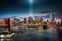 Load image into Gallery viewer, Canvas Wall Art: NYC Freedom Towers at Night with the Famous Brooklyn Bridge (Various Sizes)
