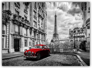 Canvas Wall Art: Paris Eiffel Tower with Vintage Red Car (48"x32")